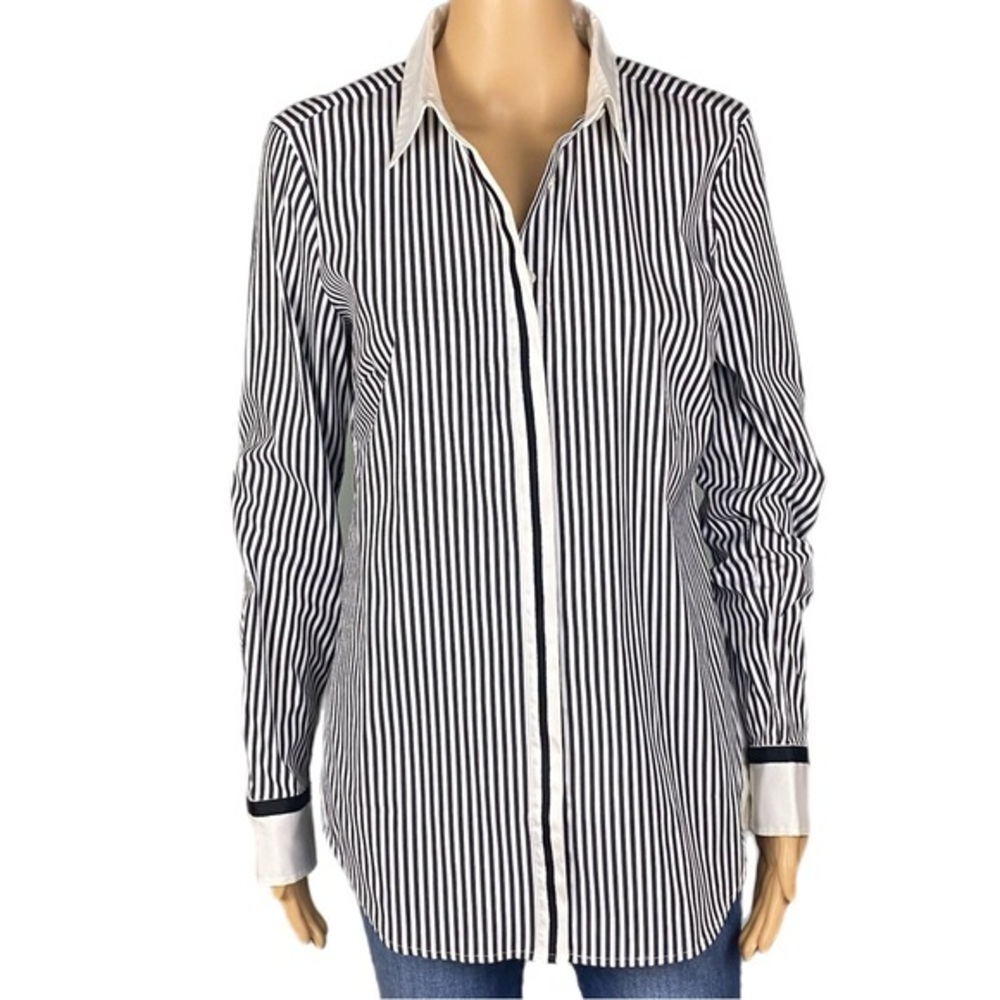 ANN TAYLOR black and white striped tailored Oxford button down blouse Size 8 NWT